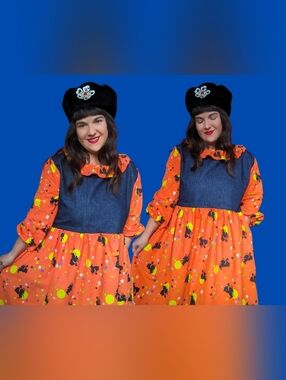 Handmade, Upcycled Vintage 1990's Halloween Tablecloth + Denim Bodice Dress Size